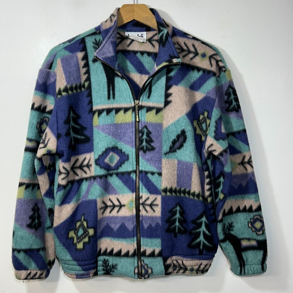 Vintage Teddi Jacket Womens P S Multicolor Fleece Full Zip Deer Geometric 90s